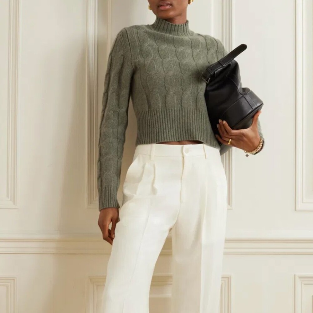 Le Kasha Murano Cropped Cable Knit Turtleneck Sweater 100% Cashmere Green Medium